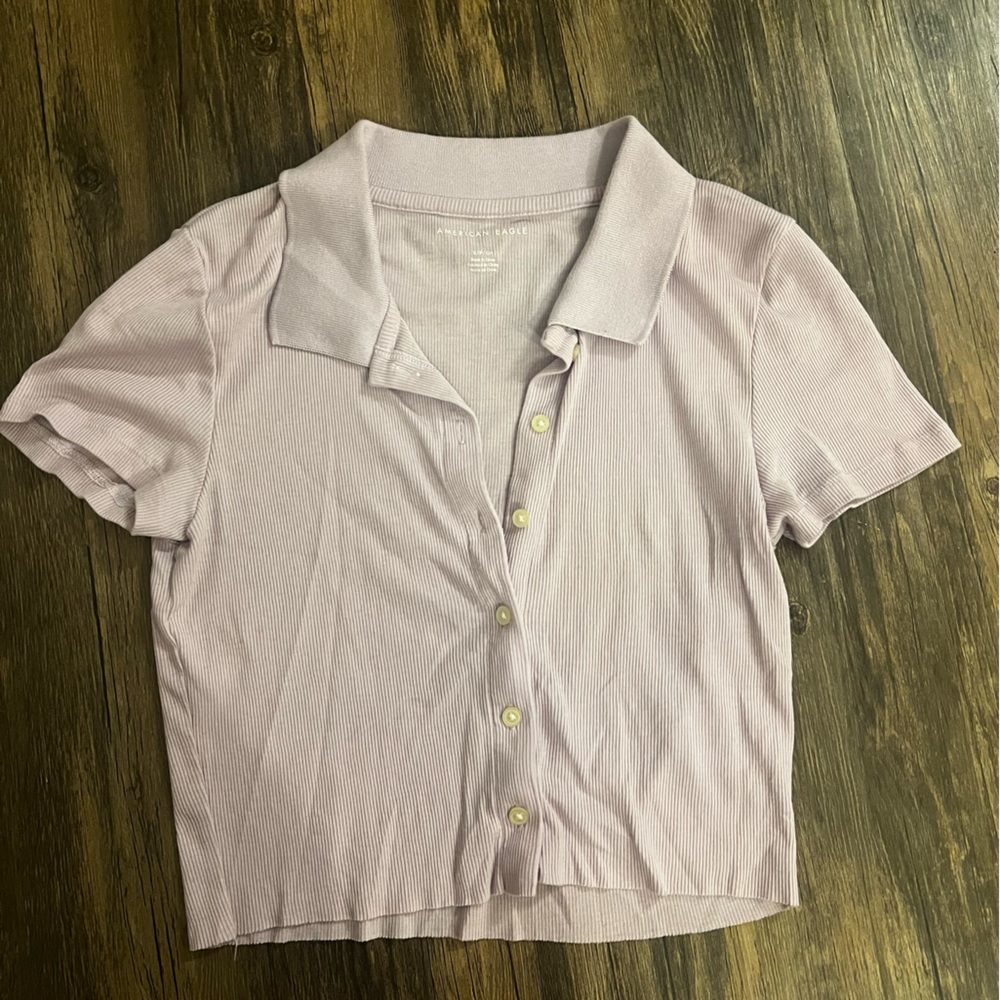 American Eagle Outfitters Lavender Boxy Button Collared Crop